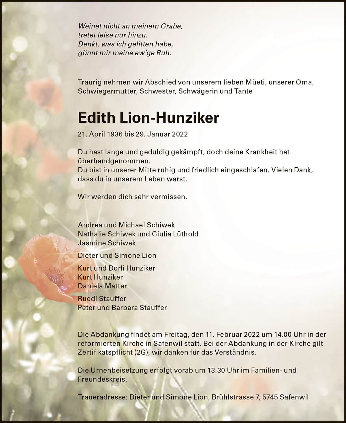 Todesanzeige Edith_Lion-Hunziker_1936 | Der Landanzeiger