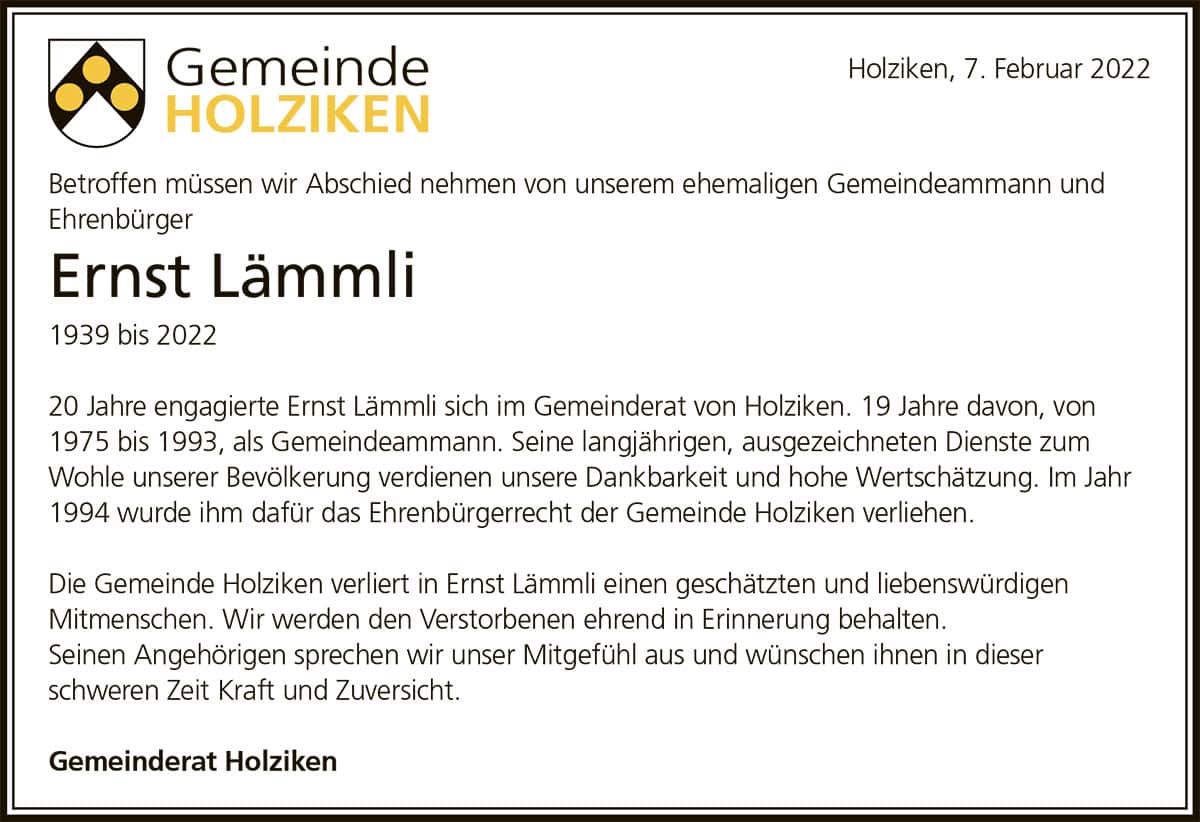 Todesanzeige Ernst_Laemmli_Holziken | Der Landanzeiger