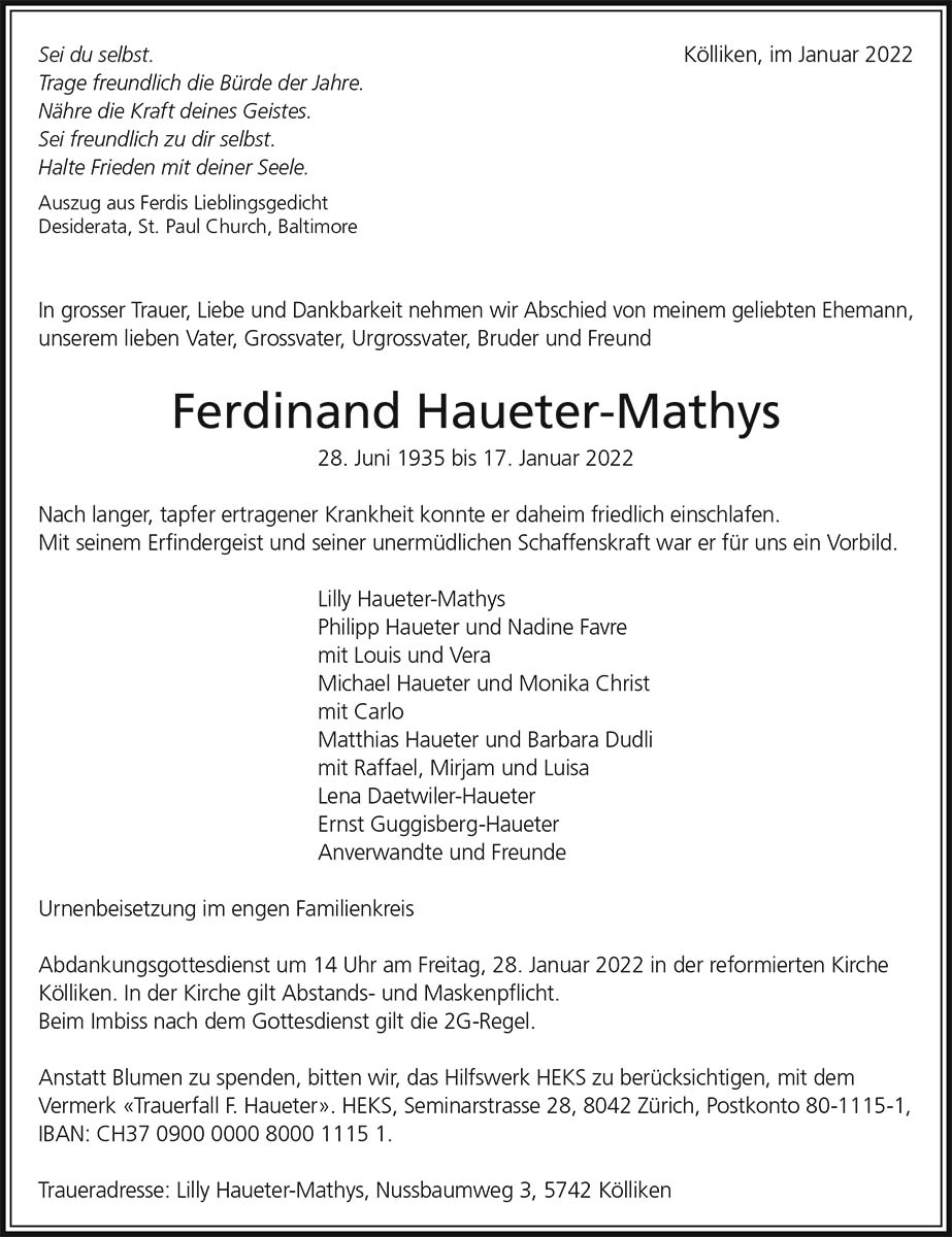 Todesanzeige Ferdinand Haueter-Mathys 1935 | Der Landanzeiger