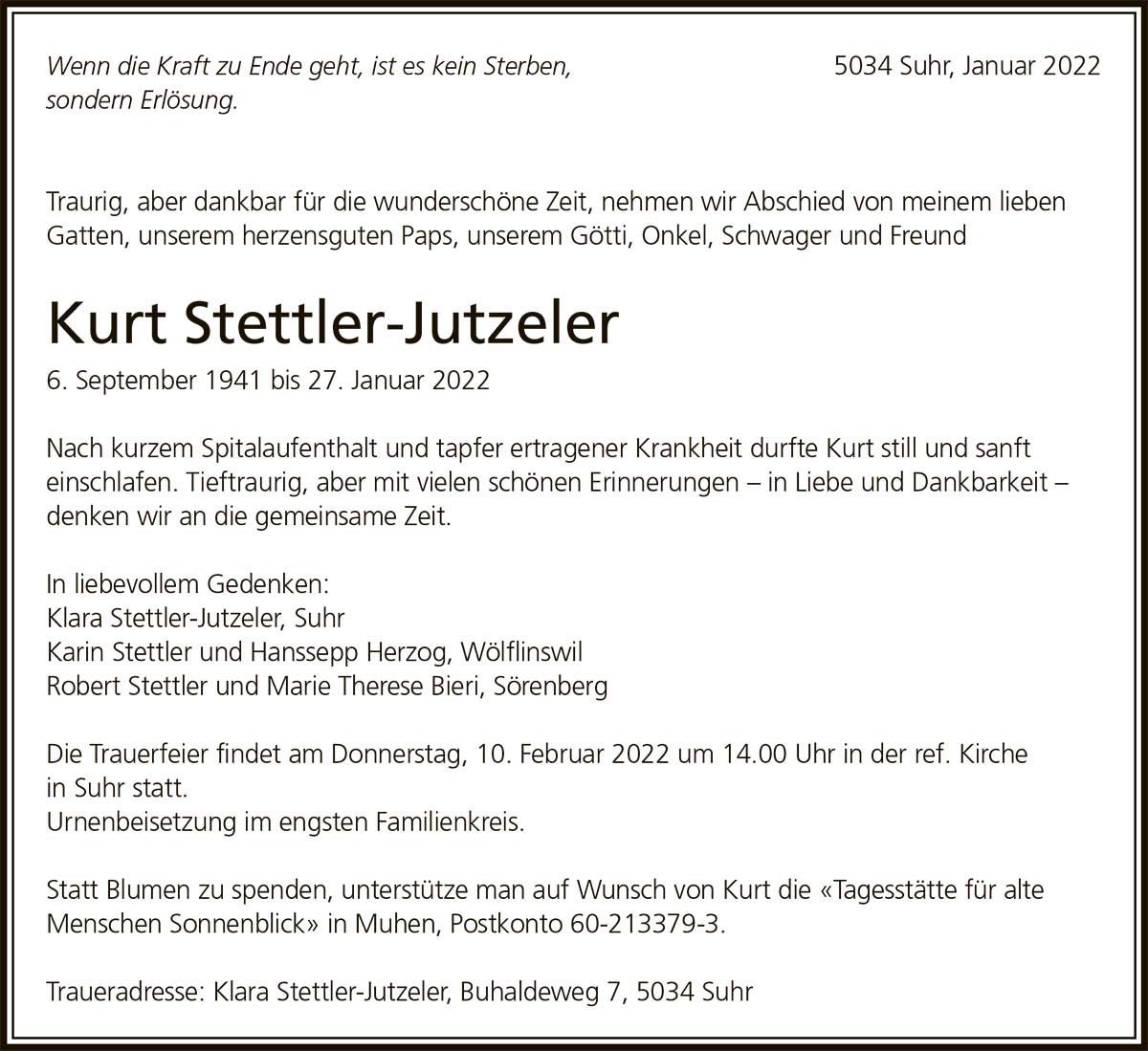 Todesanzeige Kurt_Stettler_Jutzeler_1941 | Der Landanzeiger