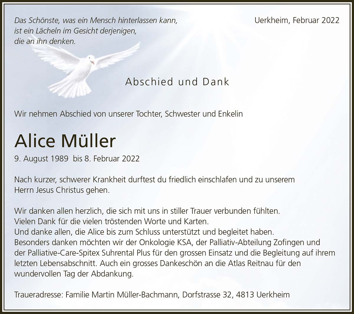 Todesanzeige Alice Müller 1989 | Der Landanzeiger