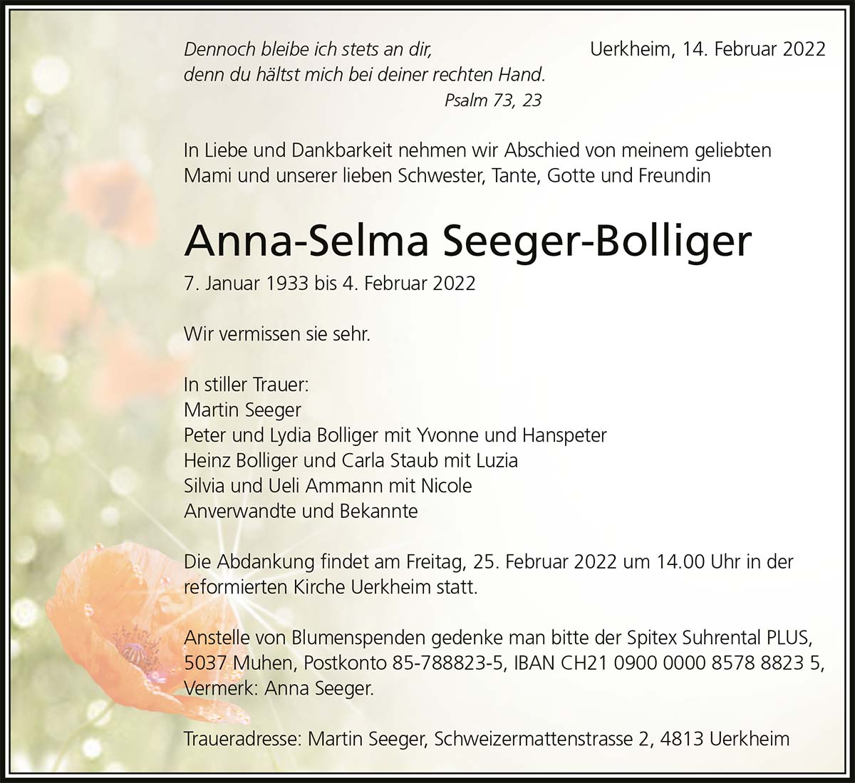 Todesanzeige Anna-Selma Seeger-Bolliger 1933 | Der Landanzeiger