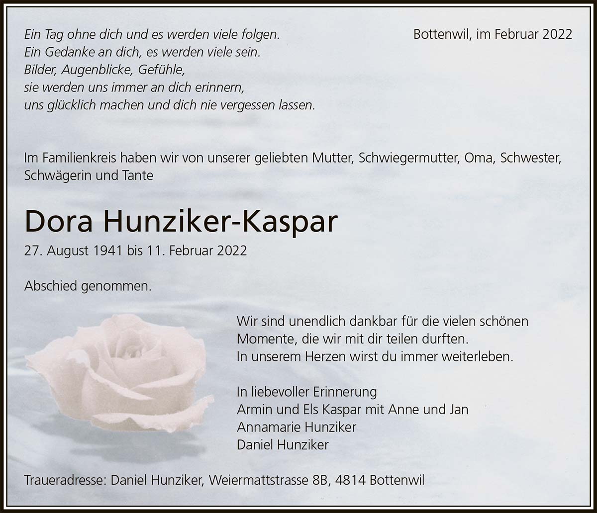 Todesanzeige Dora Hunziker-Kaspar 1941 | Der Landanzeiger