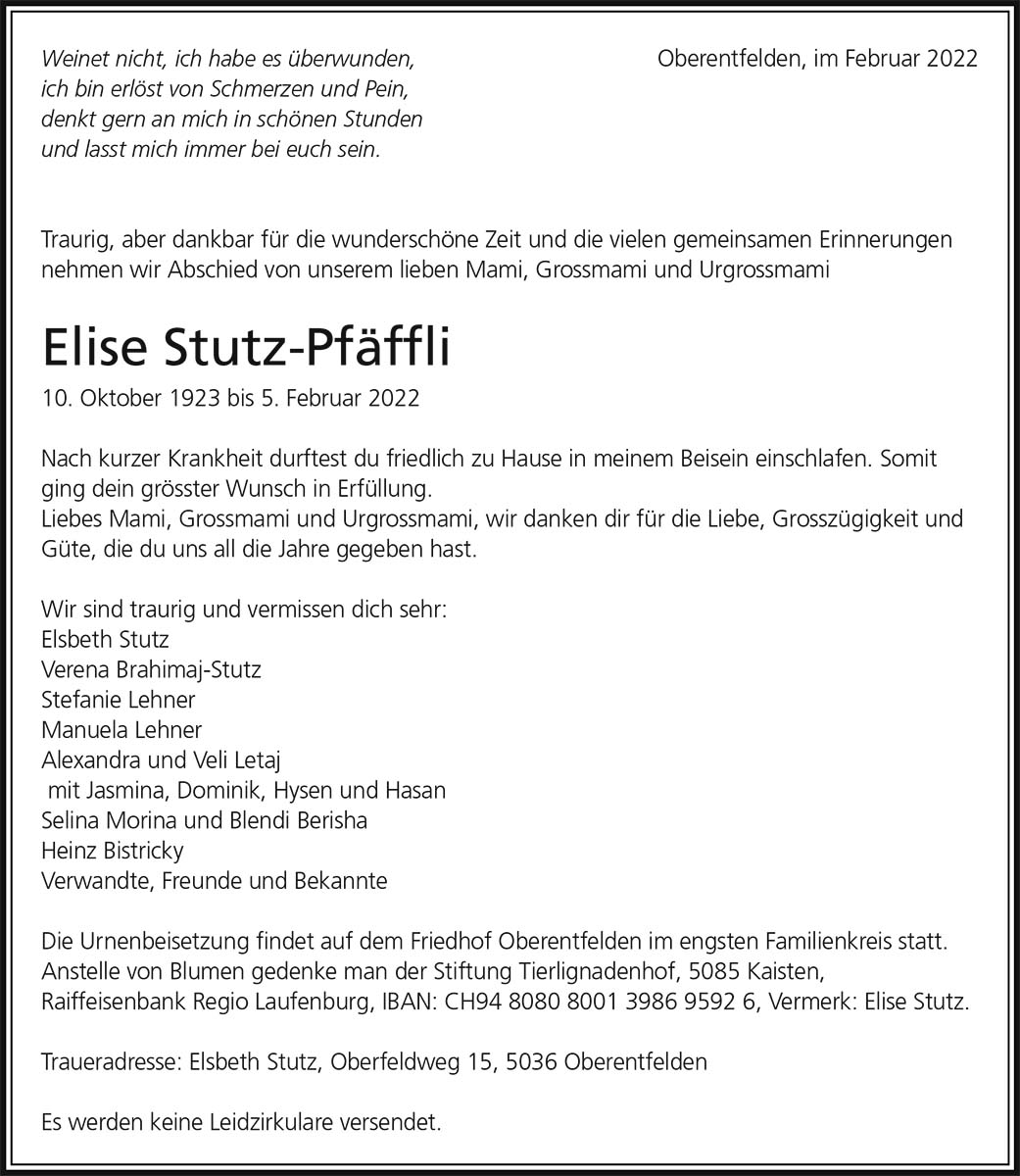 Todesanzeige Elise Stutz-Pfäffli 1923 | Der Landanzeiger