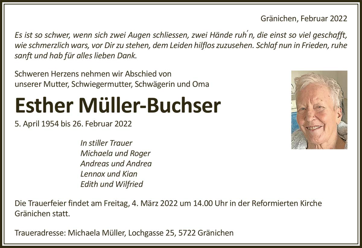 Todesanzeige Esther Müller-Buchser 1954 | Der Landanzeiger