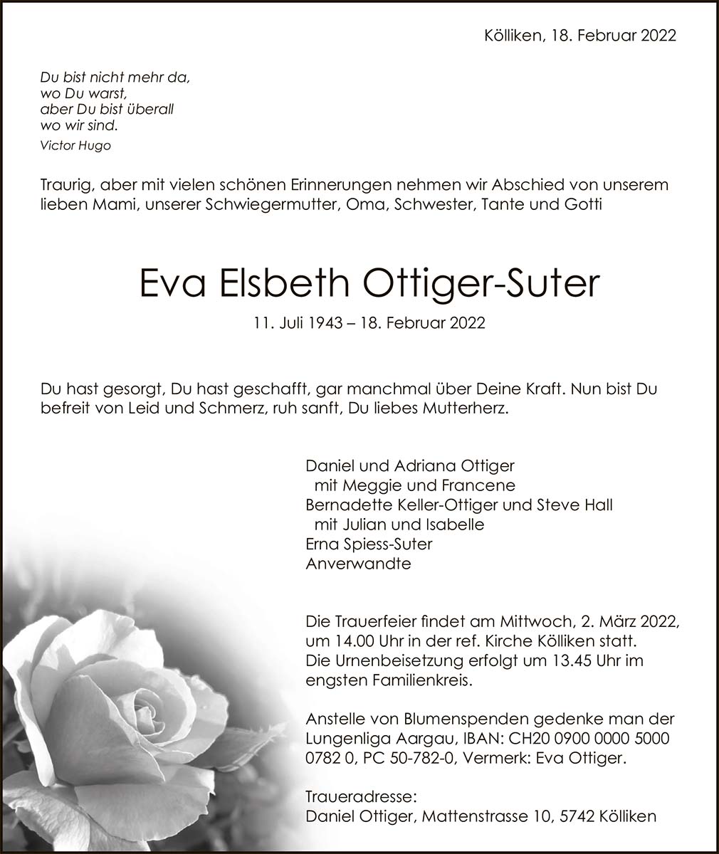 Todesanzeige Eva Elsbeth Ottiger-Suter 1943 | Der Landanzeiger