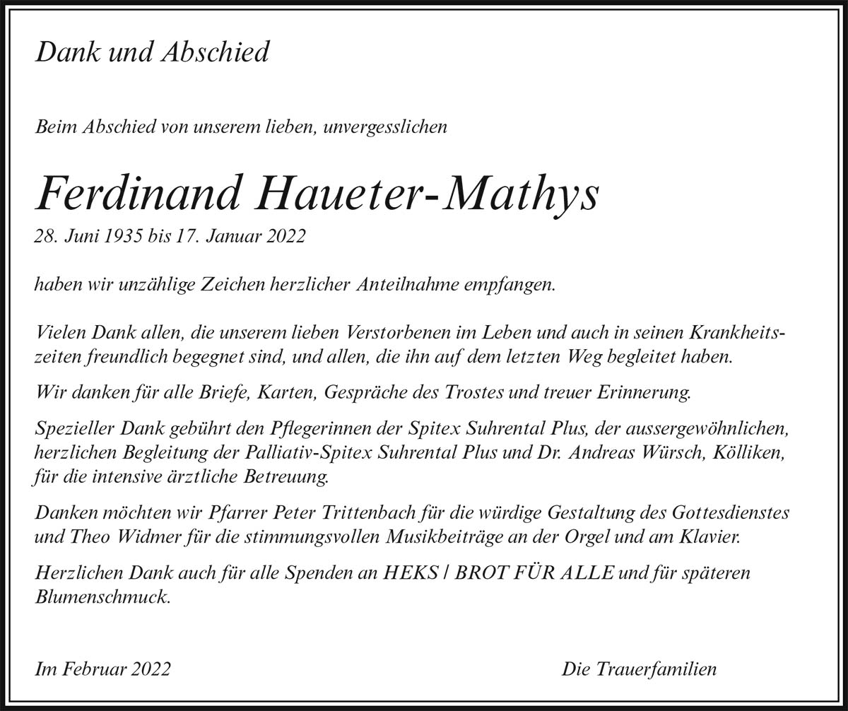 Todesanzeige Ferdinand Haueter-Mathys 1935 | Der Landanzeiger