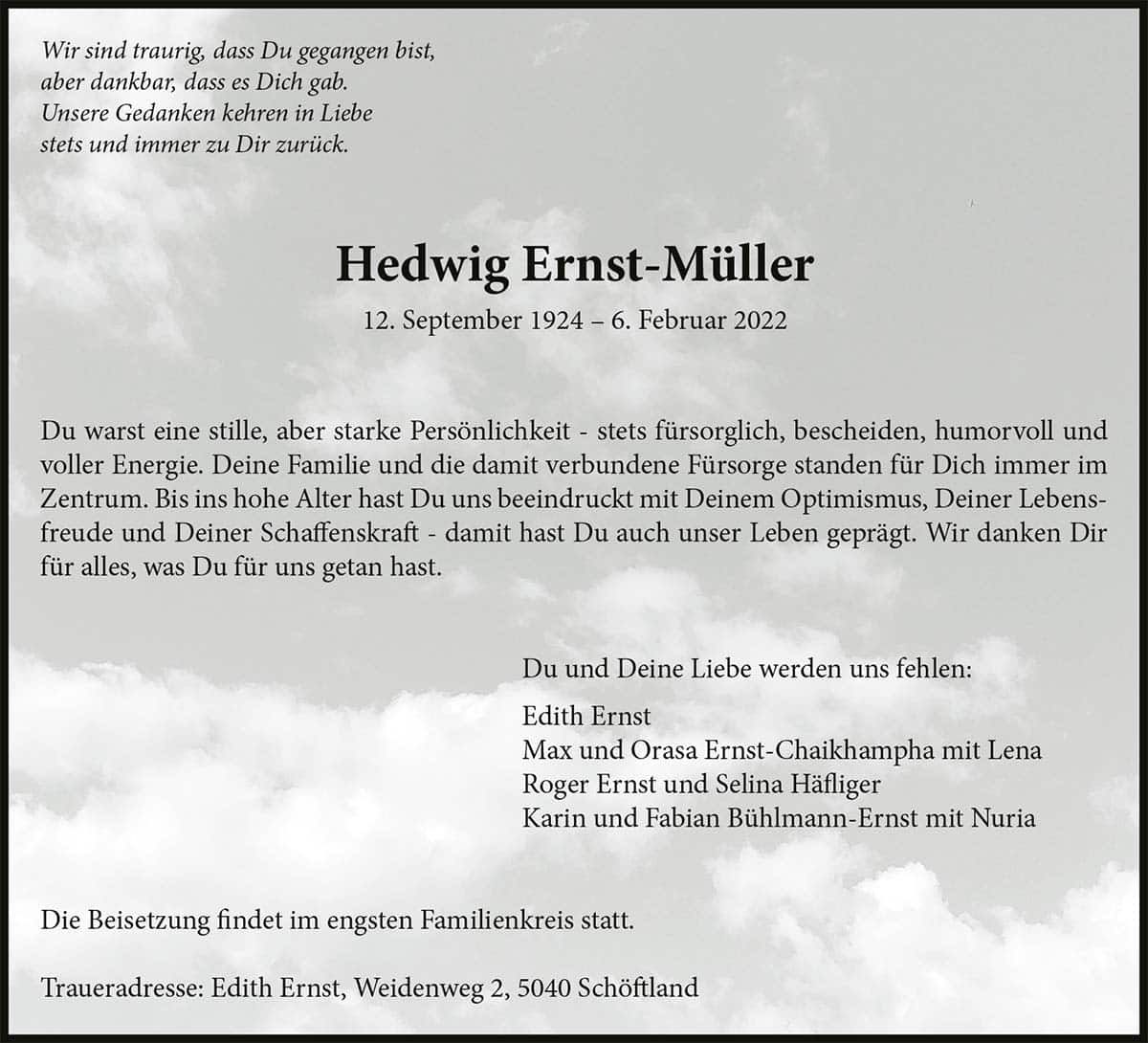 Todesanzeige Hedwig Ernst-Müller 1924 | Der Landanzeiger