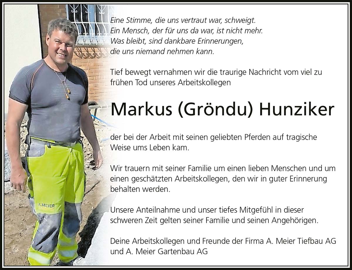 Todesanzeige Markus (Gröndu) Hunziker | Der Landanzeiger