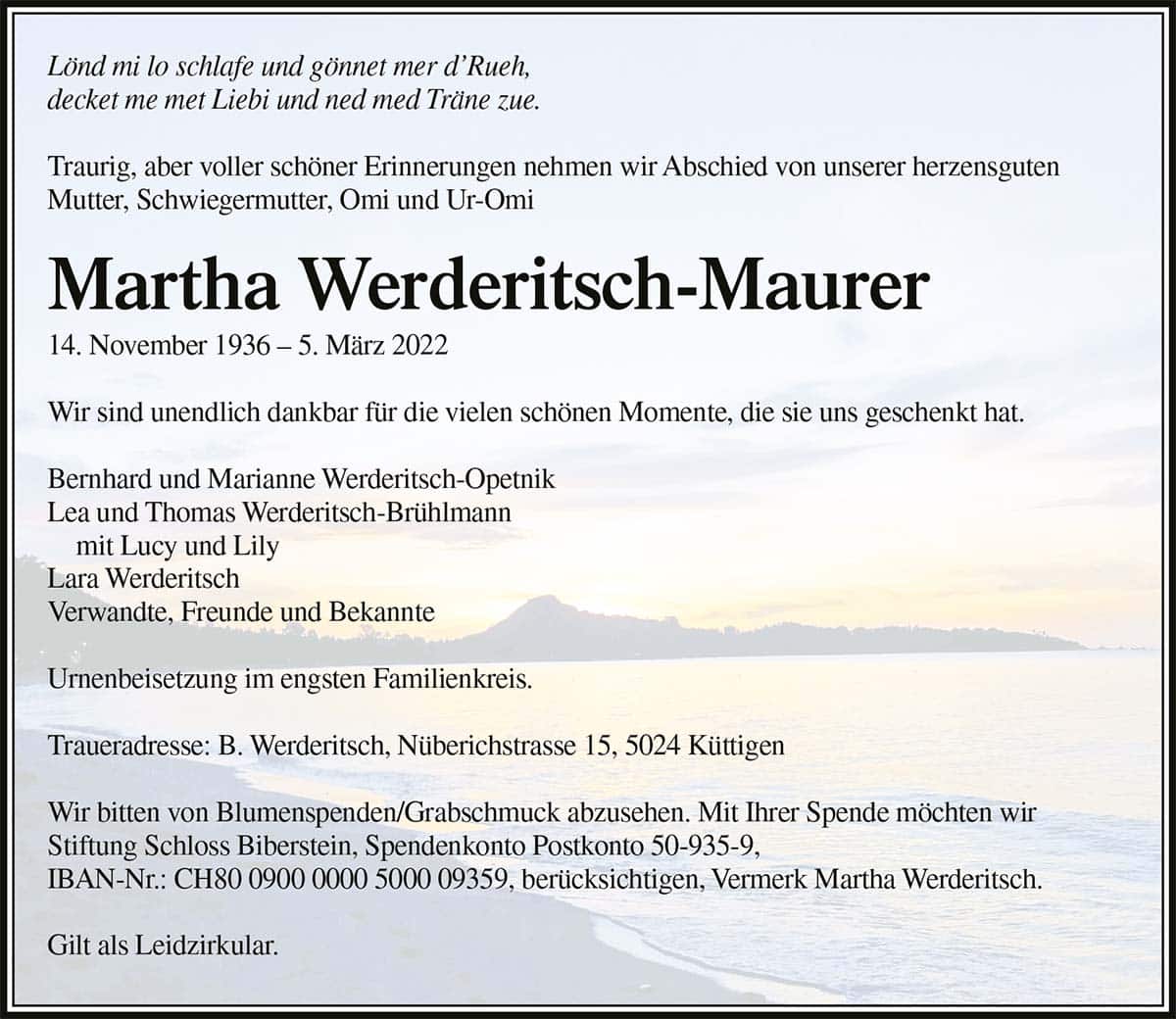 Todesanzeige Martha Werderitsch-Maurer 1936 | Der Landanzeiger