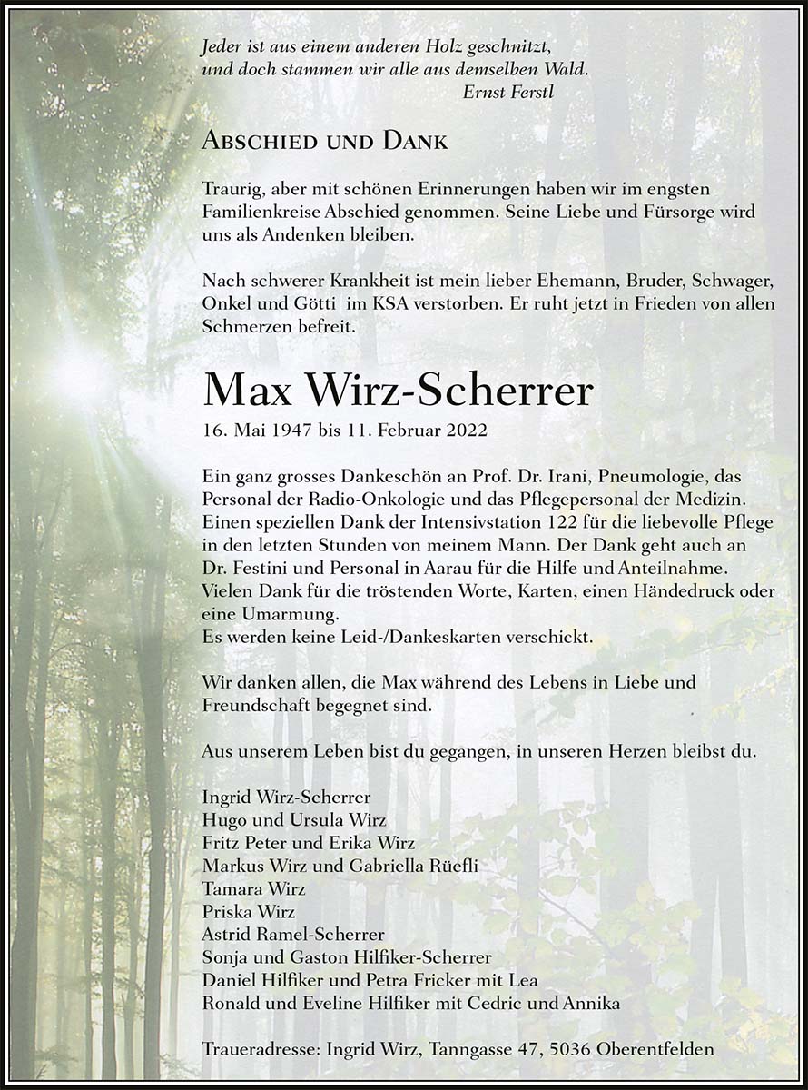 Todesanzeige Max Wirz-Scherrer 1947 | Der Landanzeiger