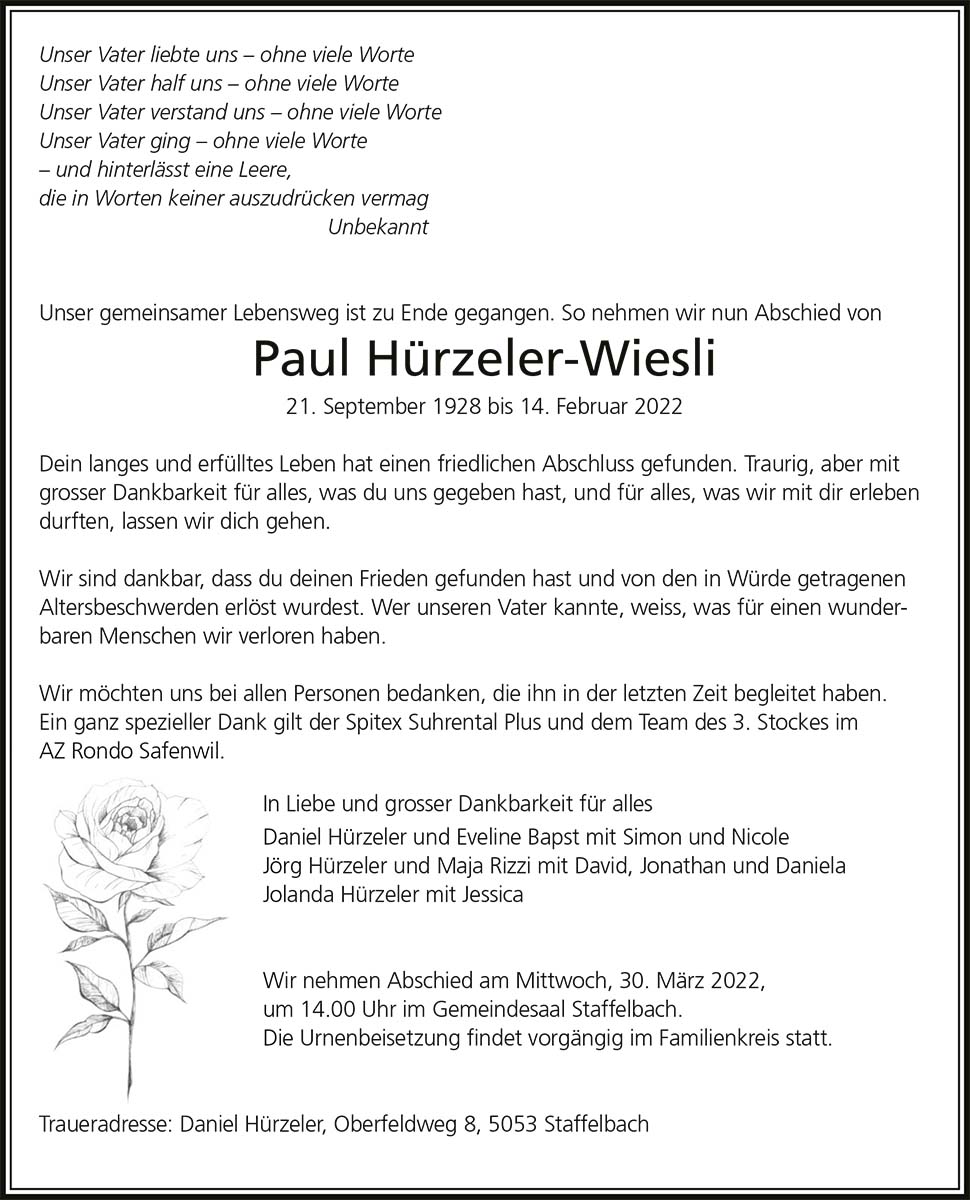 Todesanzeige Paul Hürzeler-Wiesli 1928 | Der Landanzeiger