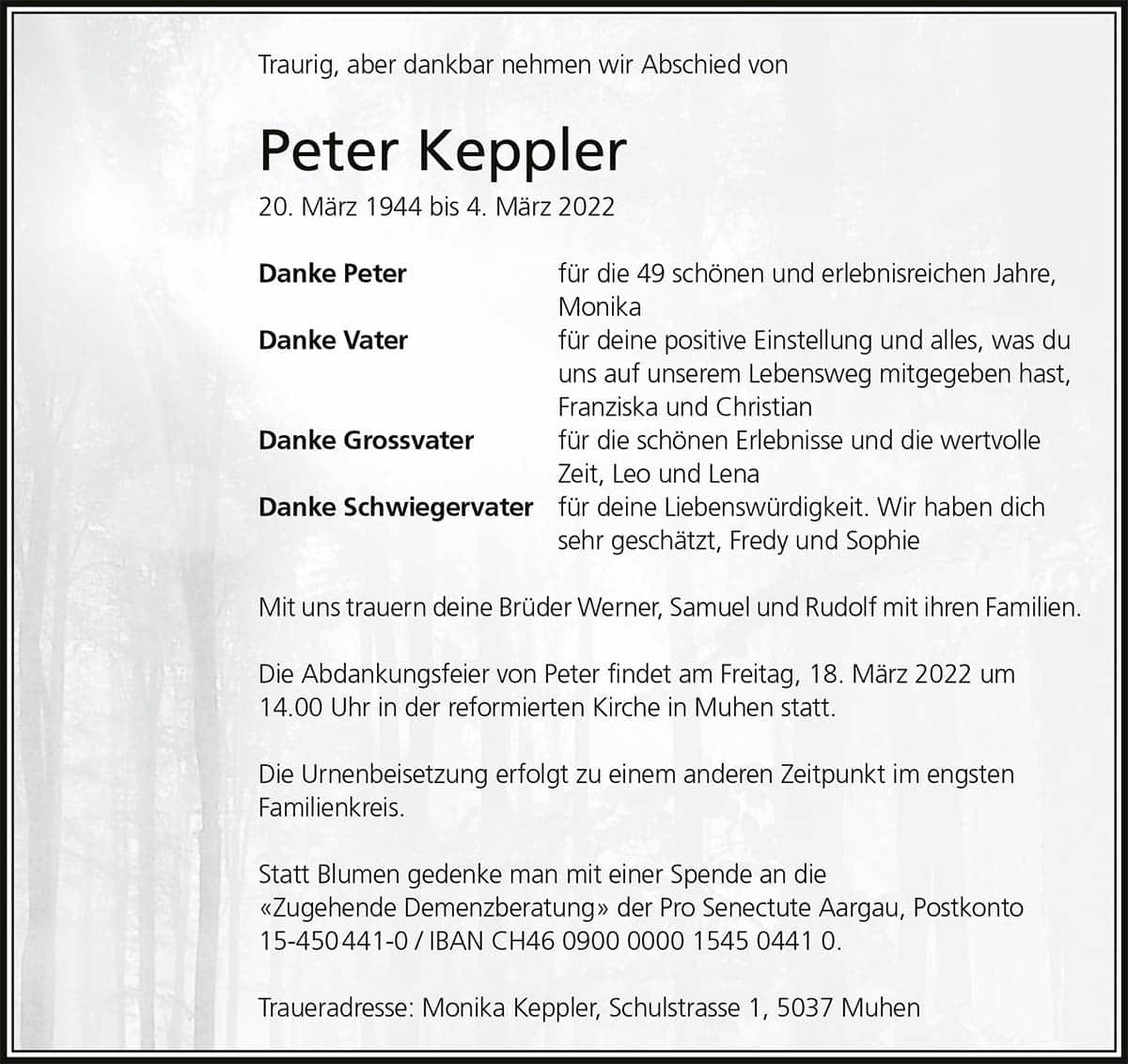 Todesanzeige Peter Keppler 1944 | Der Landanzeiger