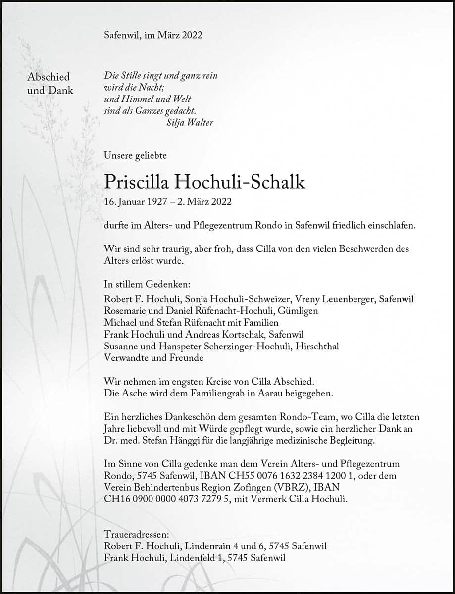 Todesanzeige Priscilla Hochuli-Schalk 1927 | Der Landanzeiger