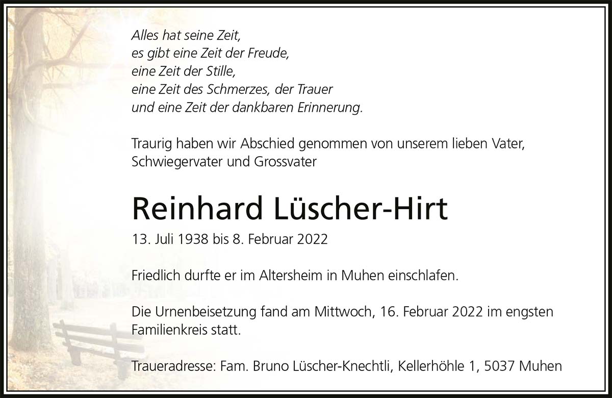 Todesanzeige Reinhard Lüscher-Hirt 1938 | Der Landanzeiger