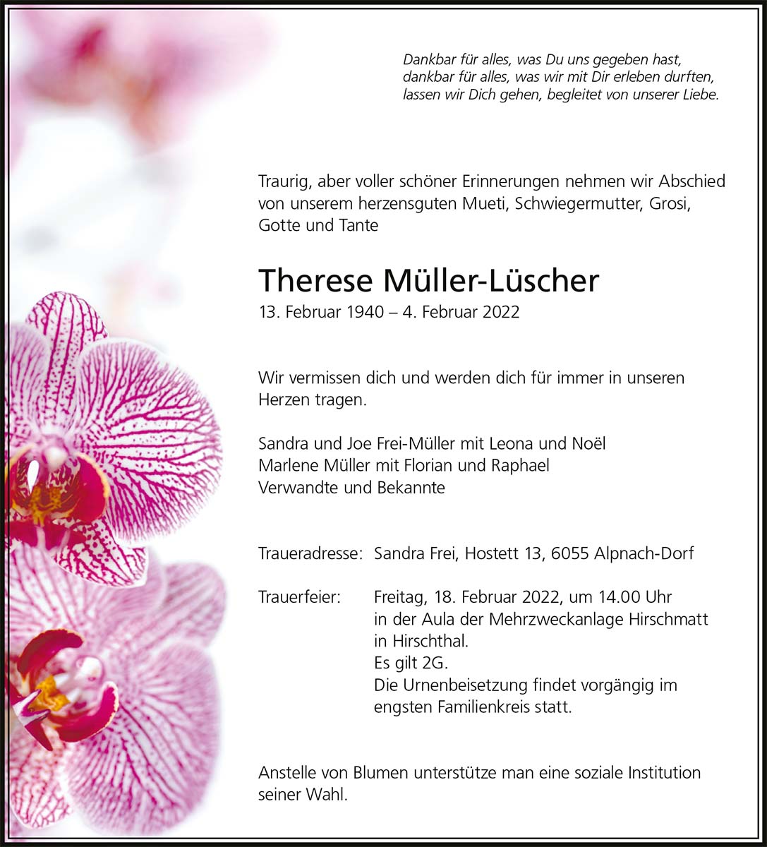 Todesanzeige Therese Müller-Lüscher 1940 | Der Landanzeiger