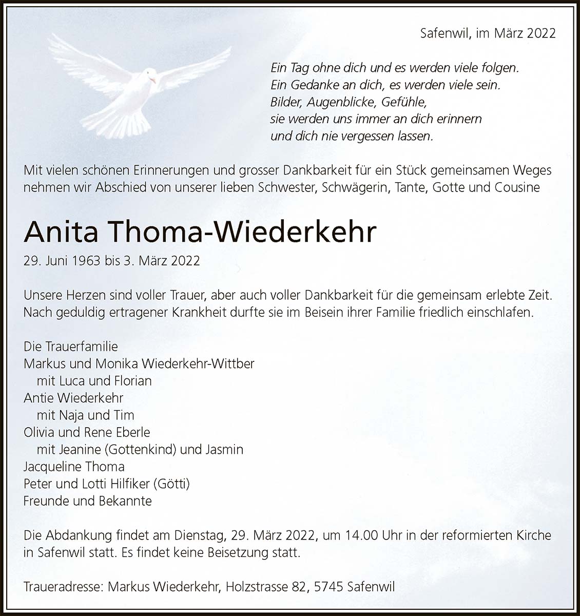 Todesanzeige Anita Thoma-Wiederkehr 1963 | Der Landanzeiger