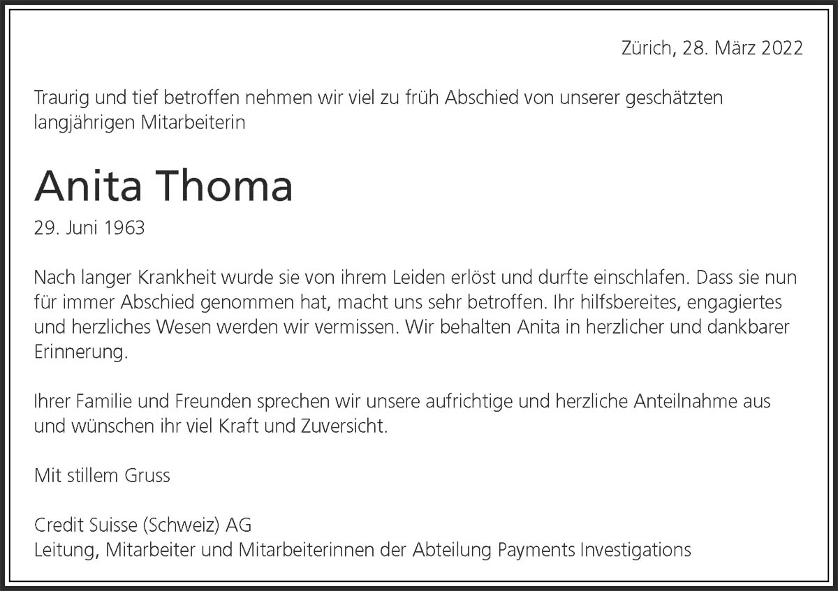 Todesanzeige Anita Thoma 1963 | Der Landanzeiger