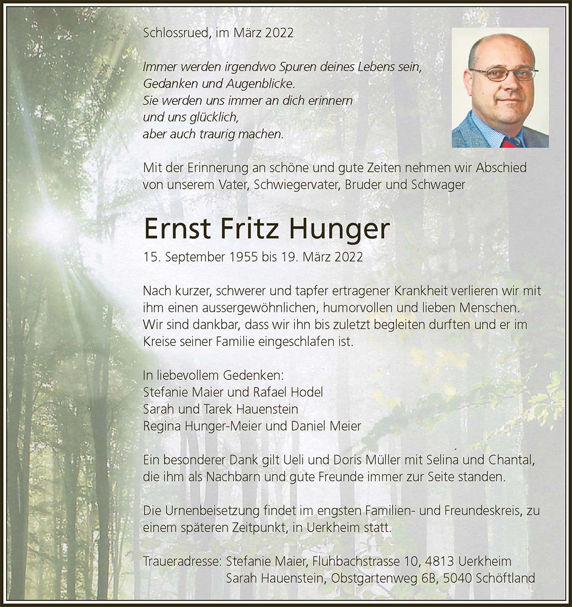 Todesanzeige RErnst Fritz Hunger 1955 | Der Landanzeiger