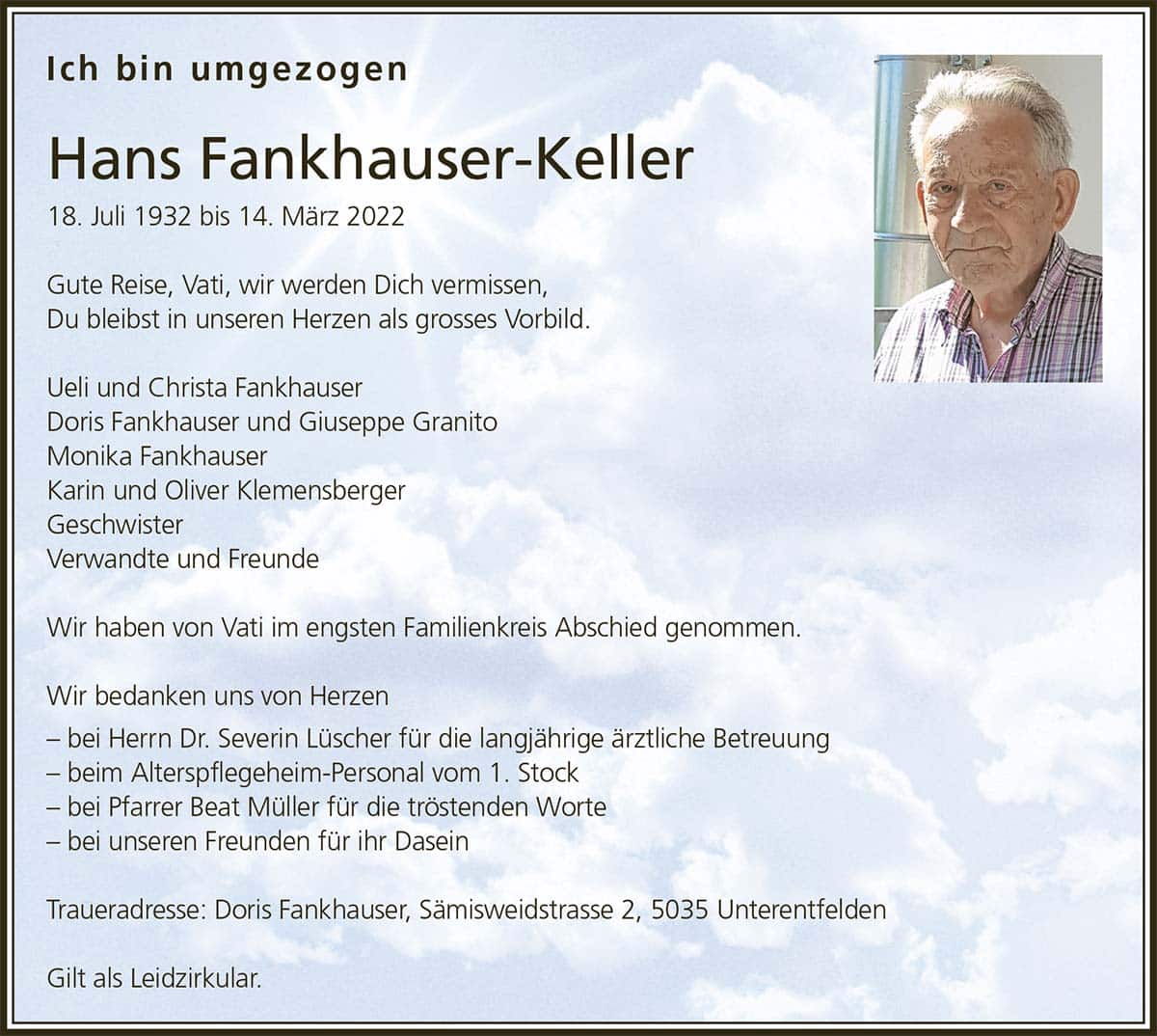 Todesanzeige Hans Fankhauser-Keller 1932 | Der Landanzeiger