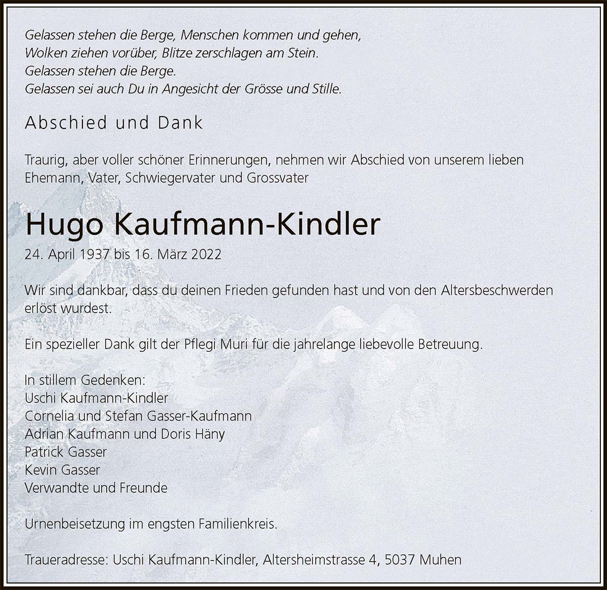 Todesanzeige Hugo Kaufmann-Kindler 1937 | Der Landanzeiger