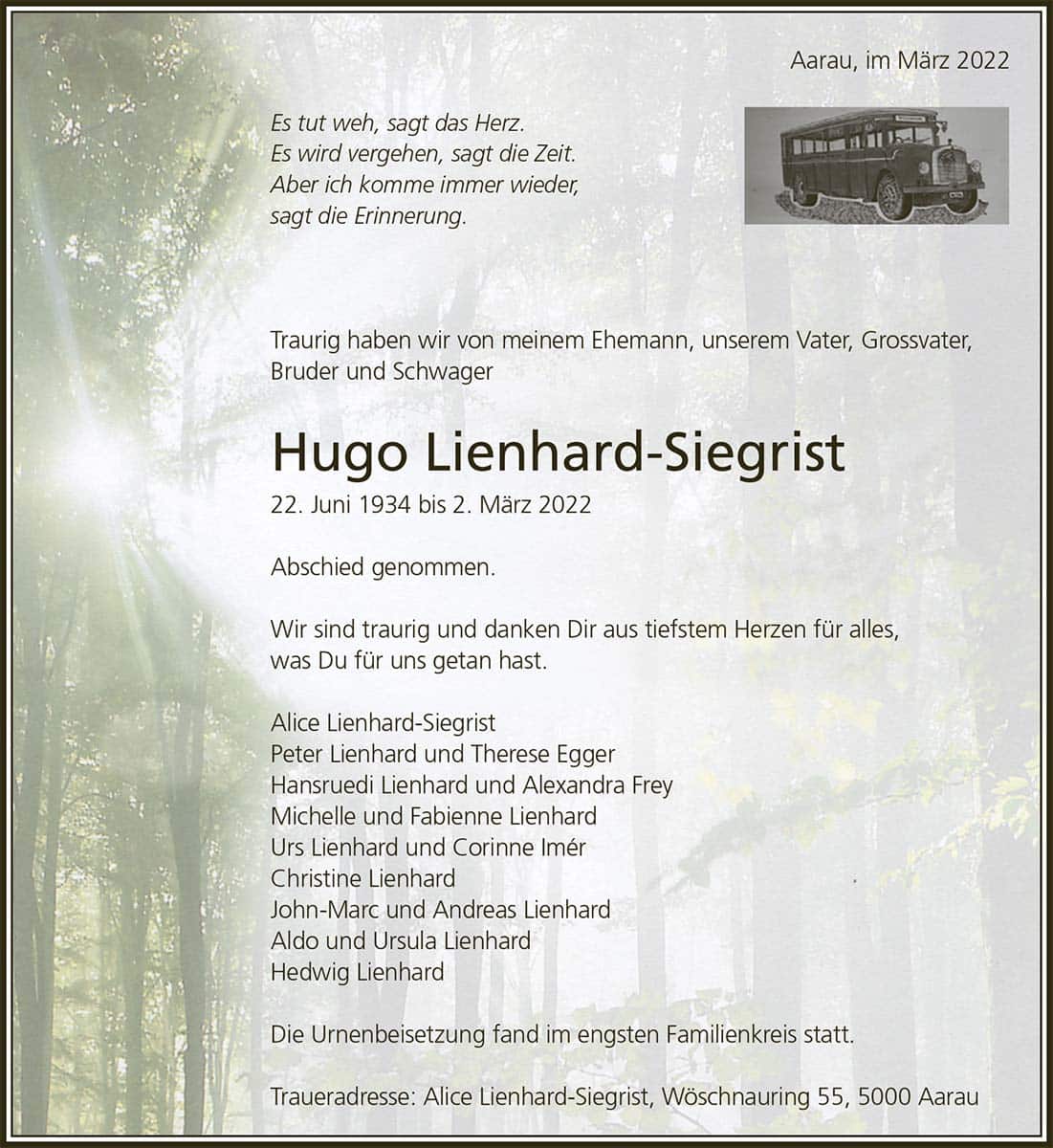 Todesanzeige Hugo Lienhard-Siegrist 1934 | Der Landanzeiger