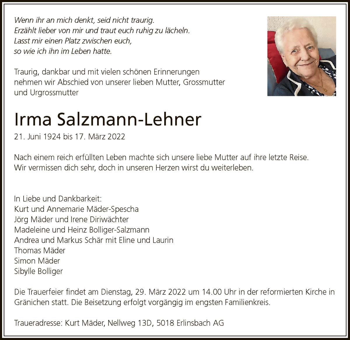 Todesanzeige Irma Salzmann-Lehner 1924 | Der Landanzeiger