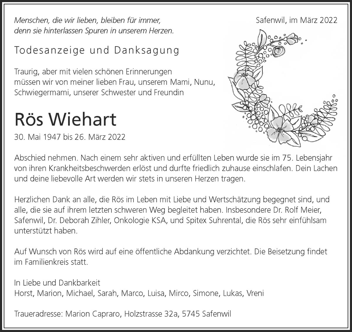 Todesanzeige Rös Wiehart 1947 | Der Landanzeiger