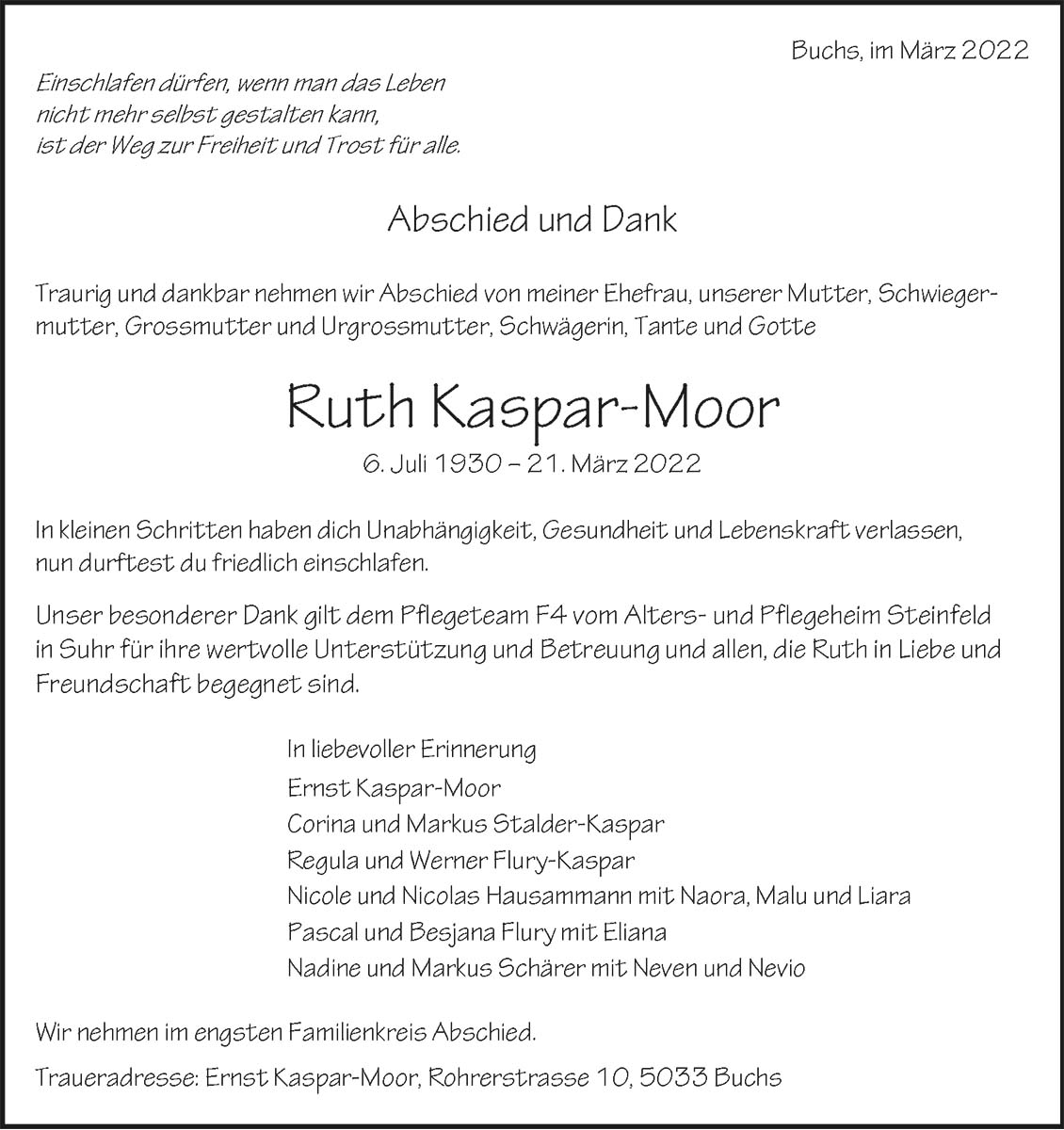 Todesanzeige Ruth Kaspar-Moor 1930 | Der Landanzeiger