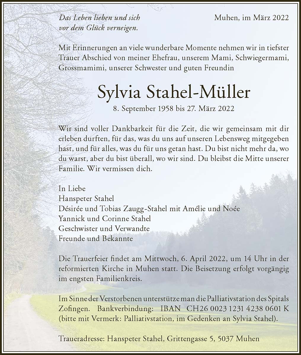 Todesanzeige Sylvia Stahel-Müller 1958 | Der Landanzeiger