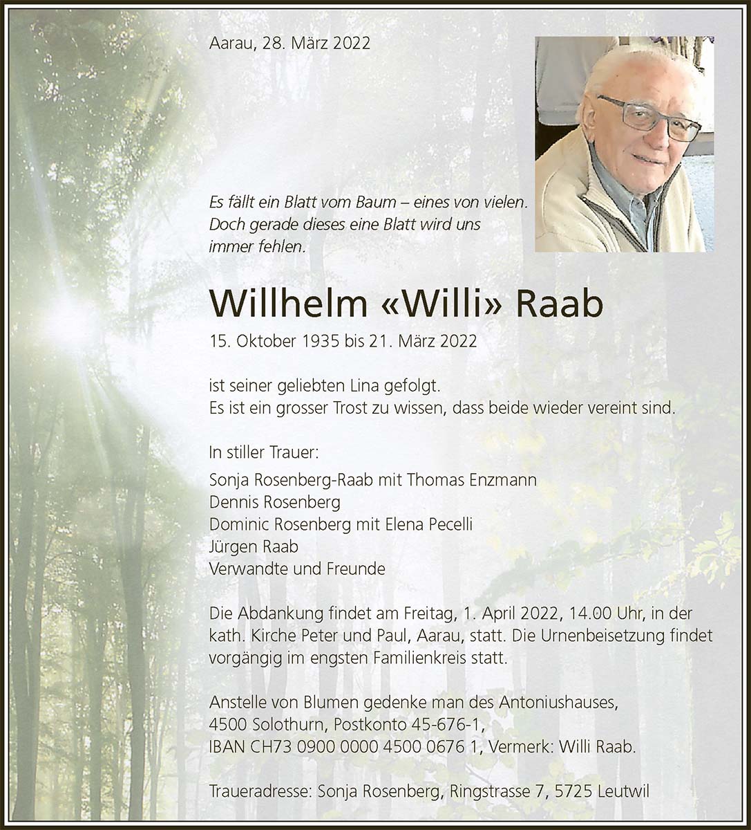 Todesanzeige Willhelm «Willi» Raab 1935 | Der Landanzeiger