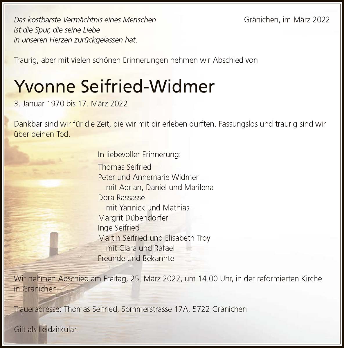 Todesanzeige Yvonne Seifried-Widmer 1970 | Der Landanzeiger