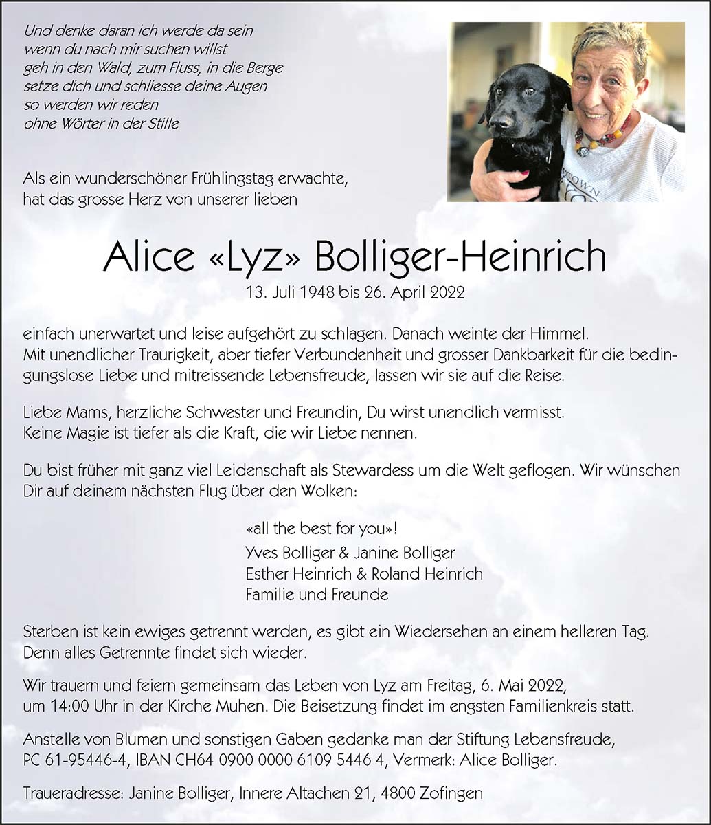 Todesanzeige Alice «Lyz» Bolliger-Heinrich 1948 | Der Landanzeiger