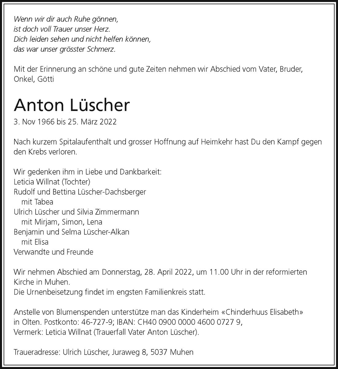 Todesanzeige Anton Lüscher 1966 | Der Landanzeiger