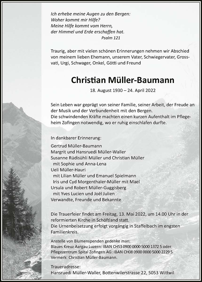 Todesanzeige Christian Müller-Baumann 1930 | Der Landanzeiger