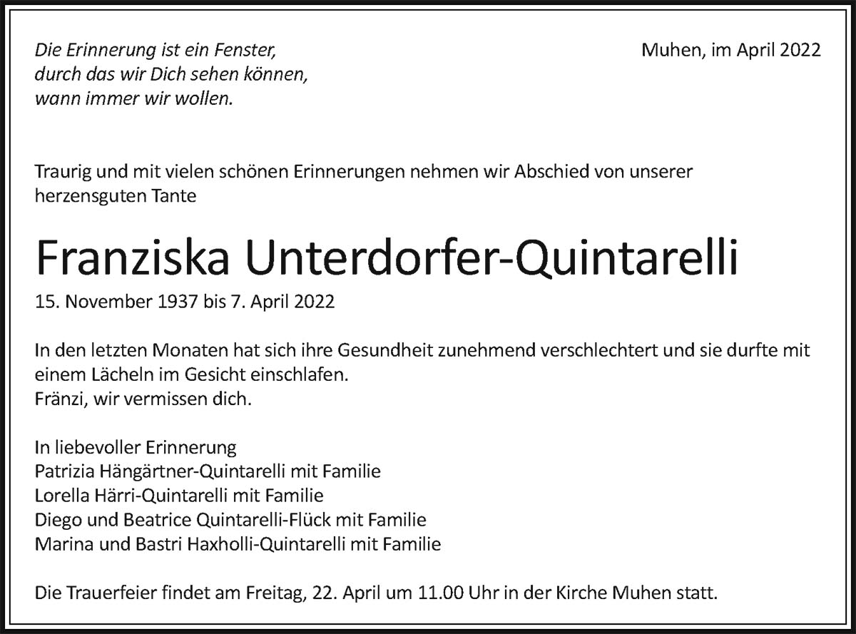 Todesanzeige Franziska Unterdorfer-Quintarelli 1937 | Der Landanzeiger