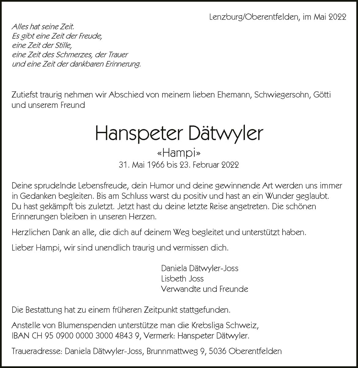 Todesanzeige Hanspeter Dätwyler 1966 | Der Landanzeiger