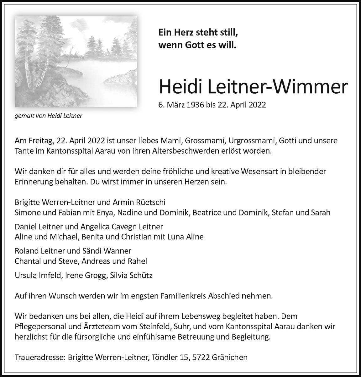 Todesanzeige Heidi Leitner-Wimmer 1936 | Der Landanzeiger