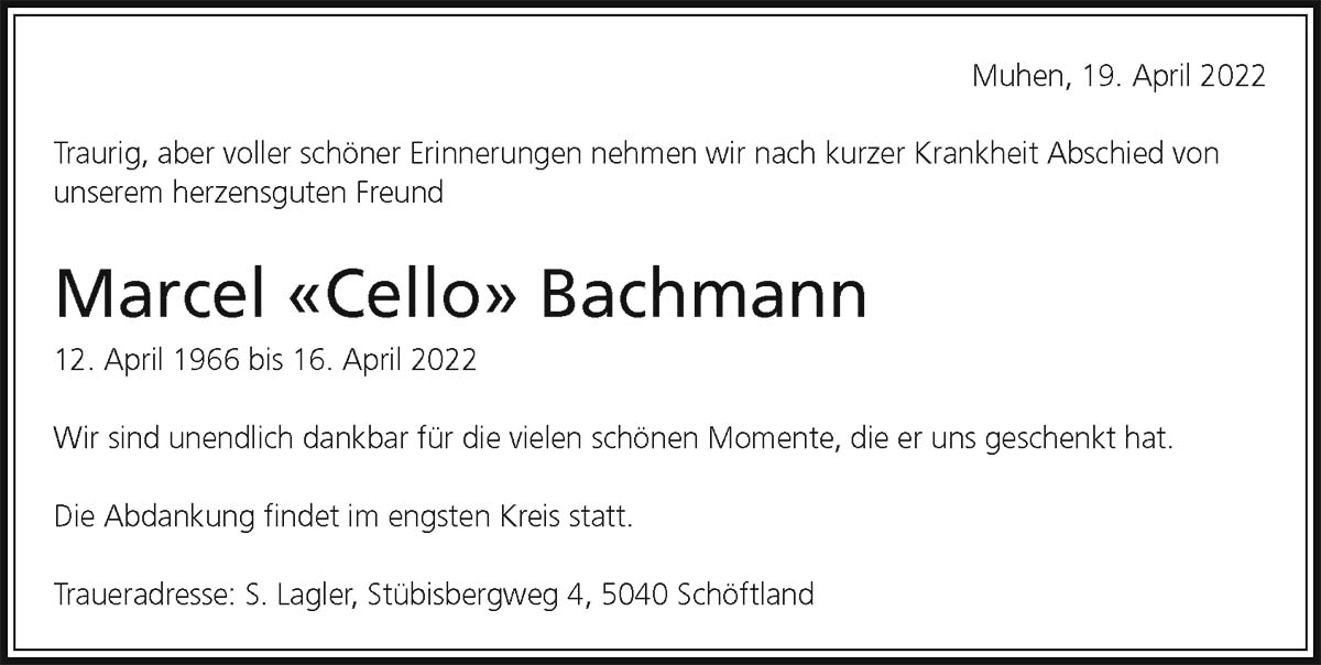 Todesanzeige Marcel «Cello» Bachmann 1966 | Der Landanzeiger