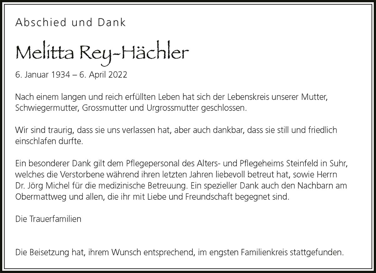 Todesanzeige Melitta Rey-Hächler 1934 | Der Landanzeiger