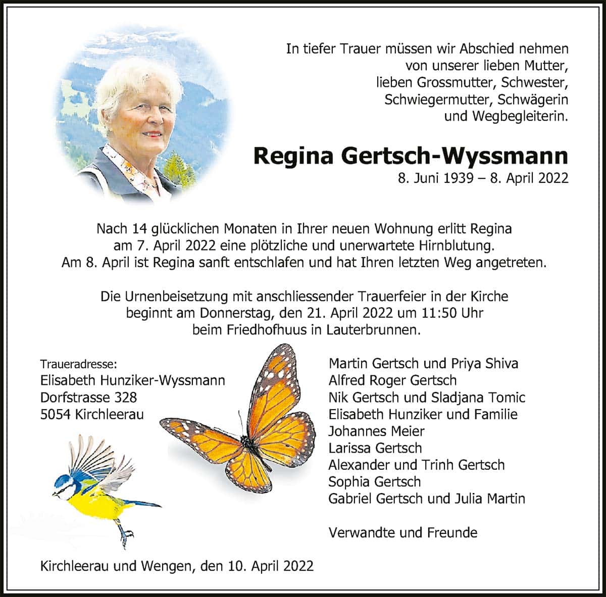 Todesanzeige Regina Gertsch-Wyssmann 1939 | Der Landanzeiger