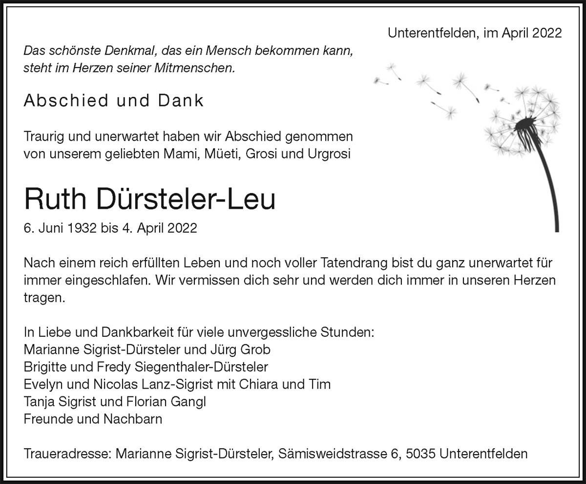 Todesanzeige Ruth Dürsteler-Leu 1932 | Der Landanzeiger