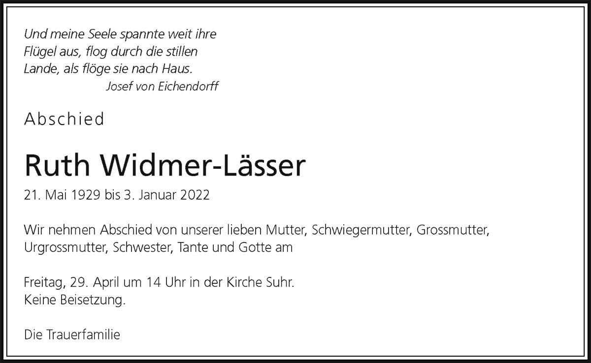 Todesanzeige Ruth Widmer-Lässer 1929 | Der Landanzeiger