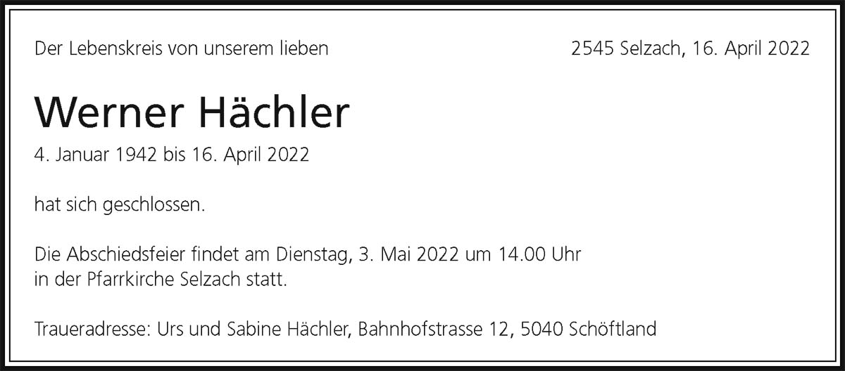 Todesanzeige Werner Hächler 1942 | Der Landanzeiger