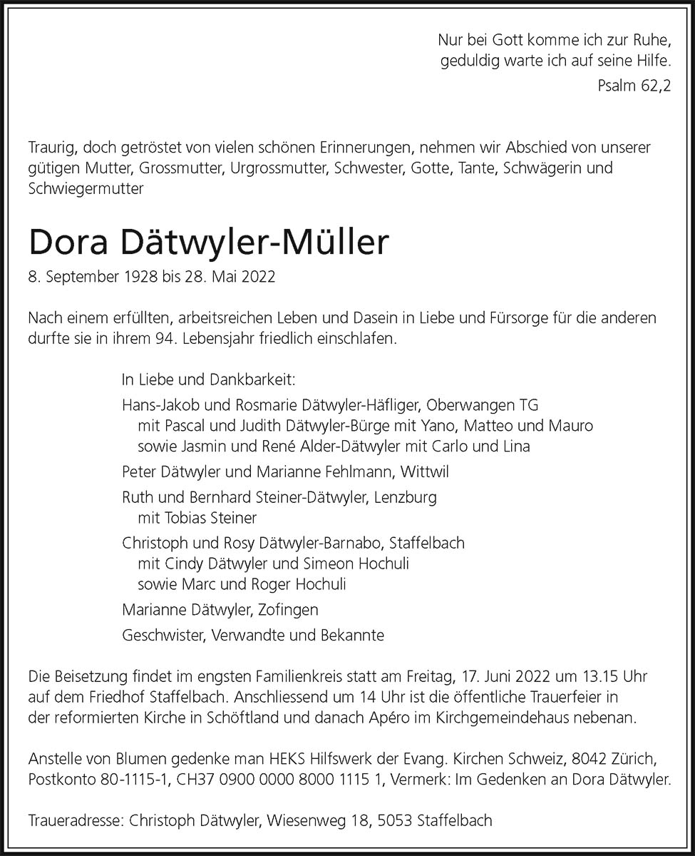 Todesanzeige Dora Dätwyler-Müller 1928 | Der Landanzeiger