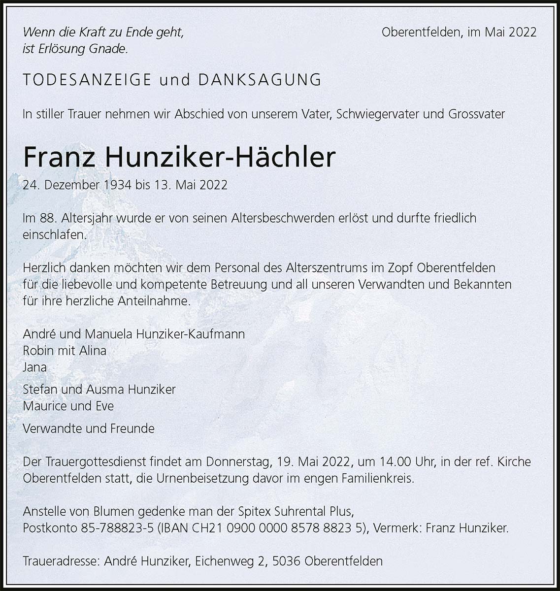 Todesanzeige Franz Hunziker-Hächler 1934 | Der Landanzeiger