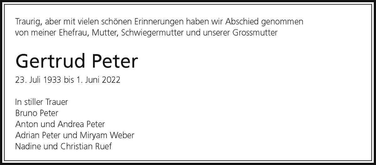 Todesanzeige Gertrud Peter 1933 | Der Landanzeiger