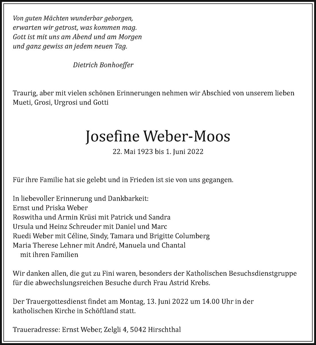 Todesanzeige Josefine Weber-Moos 1923 | Der Landanzeiger