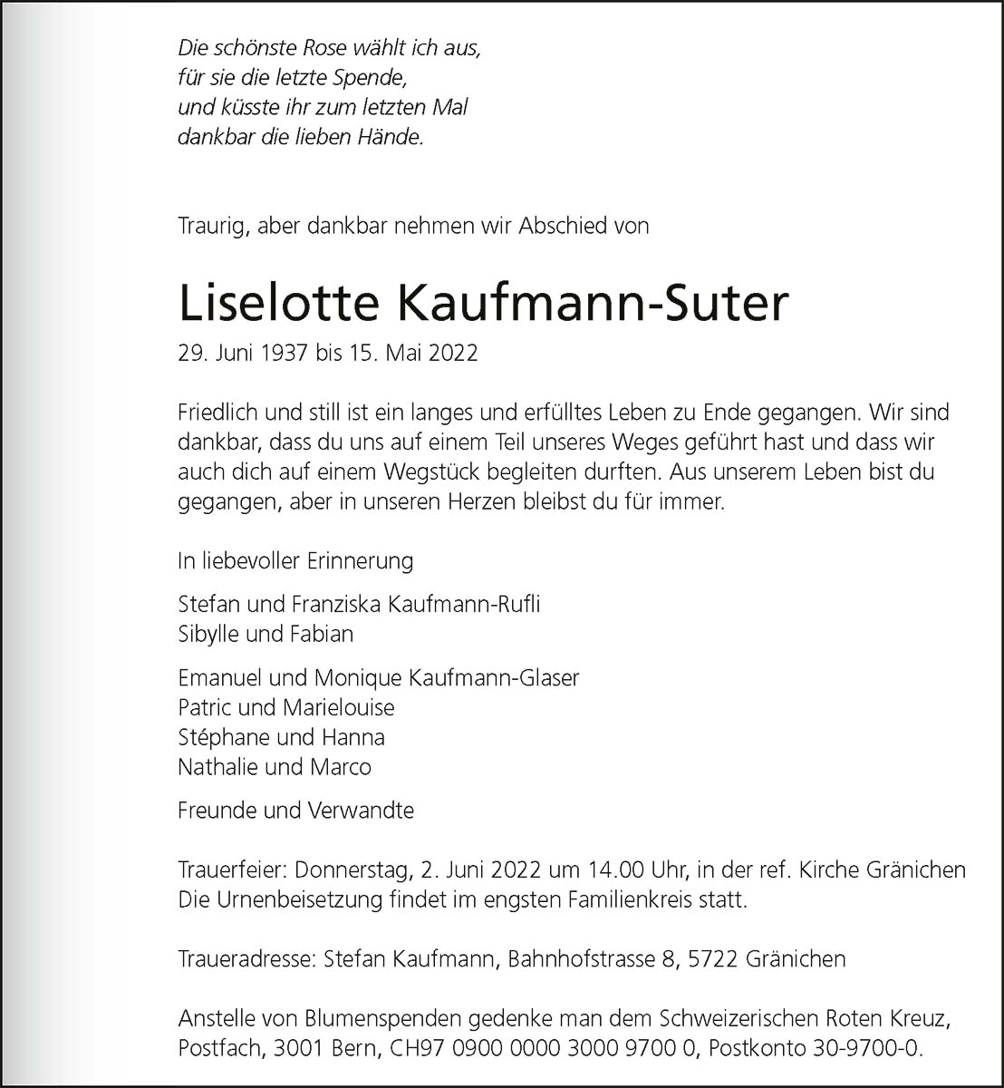 Todesanzeige Liselotte Kaufmann-Suter 1937 | Der Landanzeiger