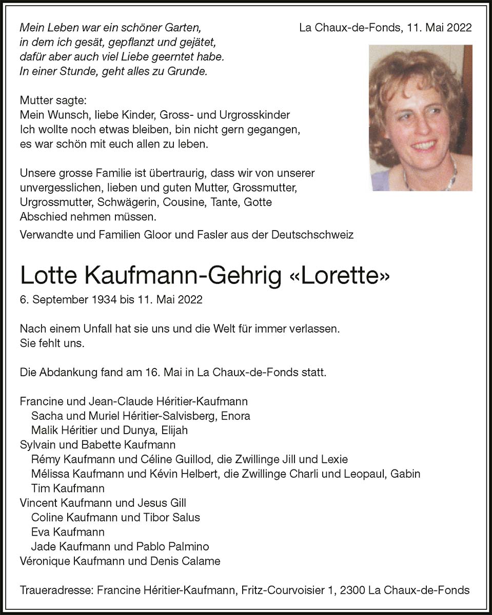 Todesanzeige Lotte Kaufmann-Gehrig «Lorette» 1934 | Der Landanzeiger